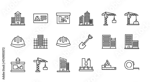 Construction icon collection set, featuring buildings, skyscrapers, cranes, hard hats, shovels, and measuring tapes, representing project development, urban architecture, and industrial equipment
