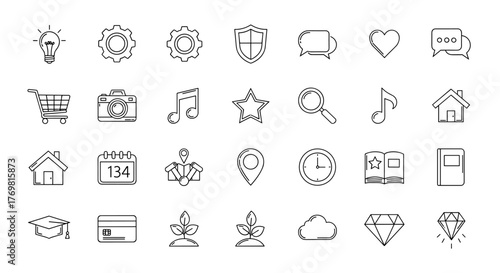 Modern outline style icons for design, cards, apps, and social networks, featuring a variety of items like a lightbulb, gears, shield, chat bubbles, heart, shopping cart, camera, music notes, star