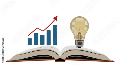 Illuminated light bulb symbolizing a bright idea or innovation, placed on an open book, alongside a rising bar graph indicating growth and progress, representing education, learning, and business