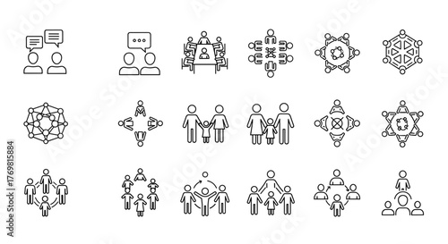 Vector set of icons representing society, communication, group work, family, and unity. These editable icons are perfect for website design, mobile applications, and infographics, symbolizing