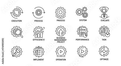 A collection of thin line icons representing various gear settings and operational concepts, including execution, process, system, evaluation, efficiency, business management, project, task