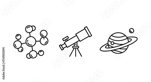 Collection of three simple outline icons representing science and discovery: a molecular structure, a telescope on a tripod for astronomical observation, and a model of a ringed planet with a moon