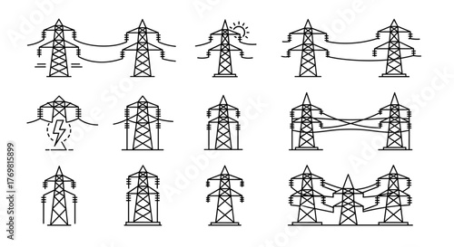 Electric power transmission tower icon set, featuring electricity pylons, energy grid symbols, and high voltage line illustrations, representing modern infrastructure and the vital flow of energy