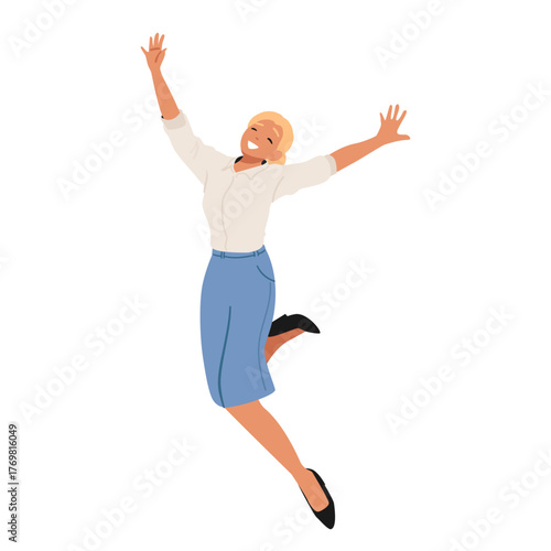 Positive businesswoman character jumping high into air with enthusiasm and joy isolated on white