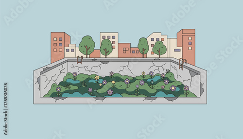 An empty swimming pool overtaken by algae and wildflowers illustrating natures resilience and the passage of time in an urban setting.