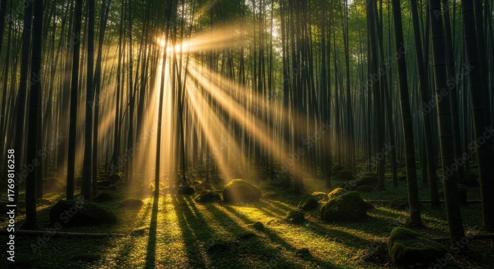 Naklejka premium Sunlight filtering through bamboo grove in serene forest landscape