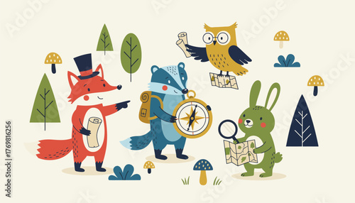 A childrens storybook illustration showing whimsical animal characters using maps and compasses to navigate an enchanted forest.