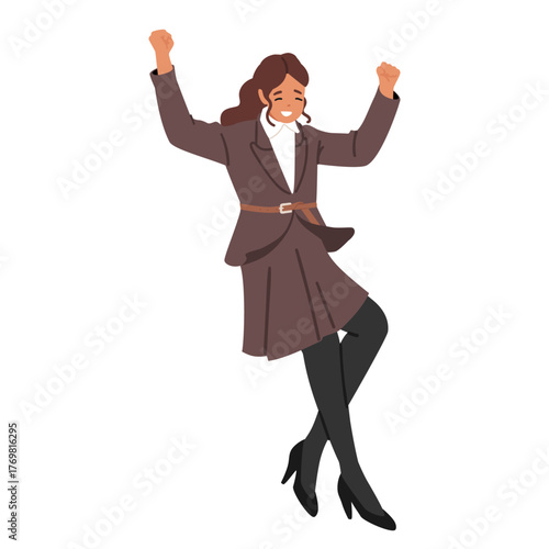 Pretty young businesswoman cartoon character jumping up enjoying triumph dance isolated on white
