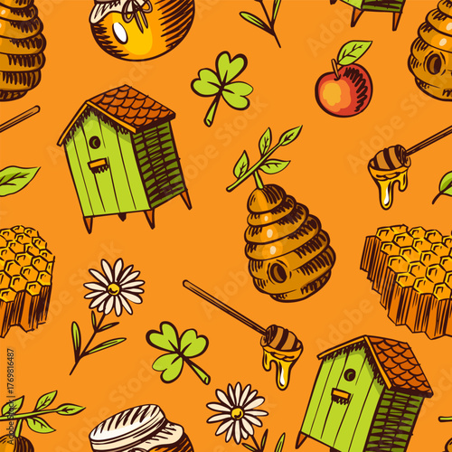 Apiary, beekeeping honey seamless pattern. Jars and a bee . Hand drawn spoon, honeycomb. Clover and chamomile. Engraved elements for your design.