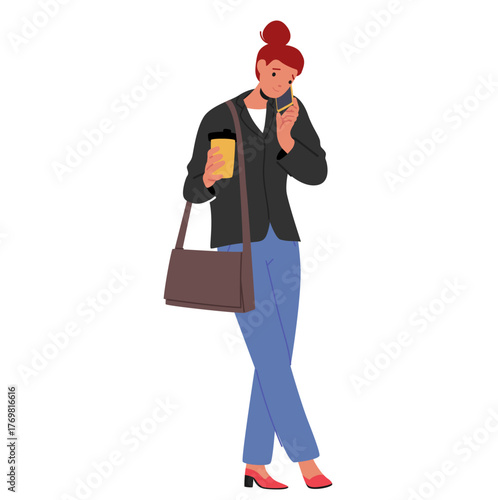 Trendy fashion busy young businesswoman cartoon character actively talking by mobile phone