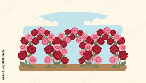 A garden filled with blooming roses in various shades of red and pink representing love and romance.