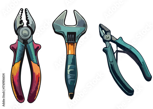 Vector illustration of tool set with pliers and wire cutters, colorful flat design