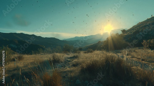 Mountainous landscape at sunset, sun breaking through clouds, with particles in the air