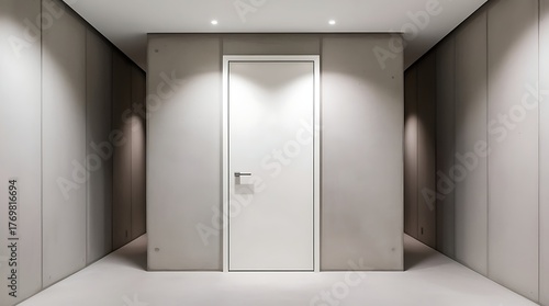 A minimalist home entrance featuring a seamless flush door in matte white finish with no visible handle, set against a smooth concrete wall background that stretches up to the ceiling.