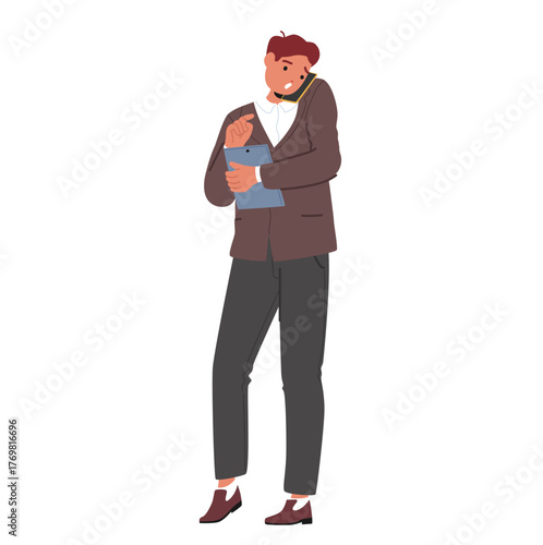 Busy businessman cartoon character engaged in business conversation talking by mobile phone