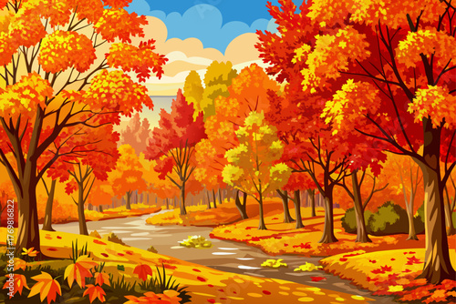 Beautiful autumn landscape with red, orange and golden leaves, warm natural colors that highlight the beauty of autumn, colorful trees and nature photography that shows seasonal changes and tranquilit
