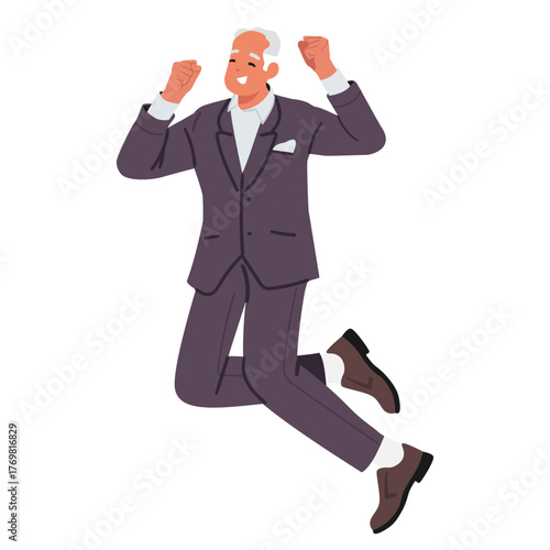 Senior businessman cartoon character jumping up high with raised fists isolated on white background