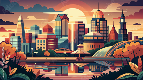 Very beautiful Des Moines vector travel poster in cinematic minimal landscape art style, featuring the city skyline, modern architecture, and riverfront with warm sunset tones capturing Iowa’s urban 