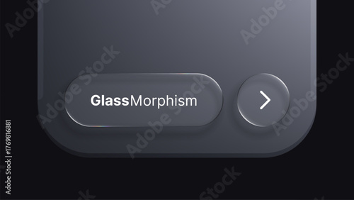 Glass morphism interface button with arrow. Modern UI element in neumorphism style. User interface design concept. Application component with liquid glass effect.