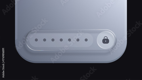 Password input field with multiple dots and a lock icon in liquid glass morphism vector style for user interface design.