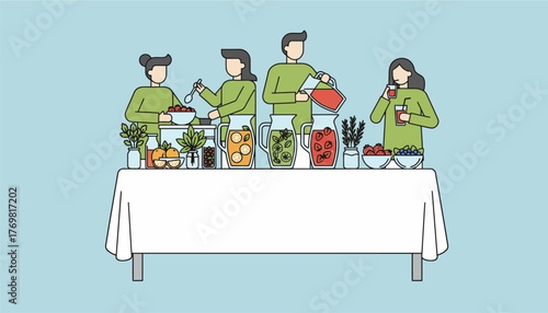 A decorative tail station featuring an array of fresh herbs and juices as guests mix their own summerinspired beverages.