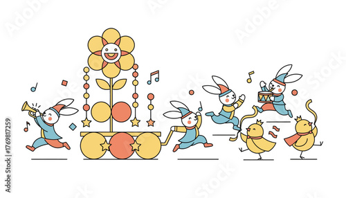 A festive parade featuring rabbits and chicks in costumes celebrating with music dancing and cheerful decorations.