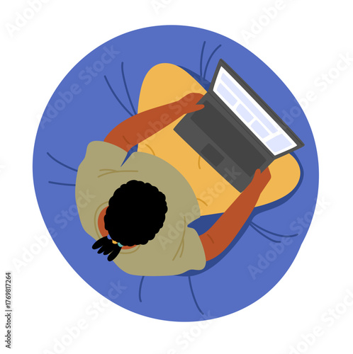 Young guy cartoon character working or studying via laptop seated on soft bag chair overhead view
