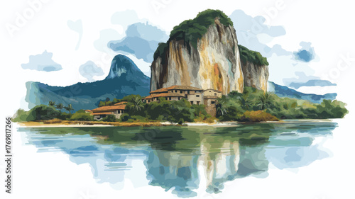 Guatape and El Penol Rock. Guatape and El Penol Rock hand drawn watercolor illustration