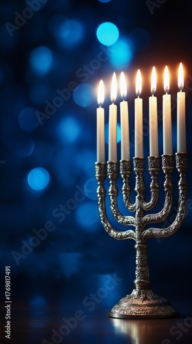 A glowing menorah lit by seven candles