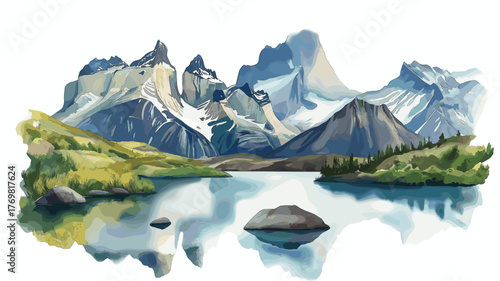 Torres del Paine National Park. Torres del Paine National Park hand drawn watercolor illustration