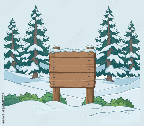 Winter Wooden Sign Cartoon Vector Illustration Blank Board with Snow Forest Landscape for Holiday Poster or Background Design