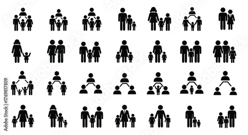 Family, relationship icon set. Vector glyph pictograms of couple, parent, child, elderly people, pregnancy, parenting, community, single mother, social care black silhouette illustration