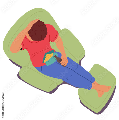 Young man isolated cartoon character relaxing on armchair dinking and potatoes chips overhead view
