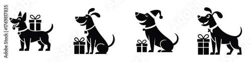 Christmas Dog Silhouette Vector Illustration – Cute Holiday Puppy with Gift Box, Festive Pet Art for Winter Season Celebration, Christmas Decoration, Greeting, and Holiday Design