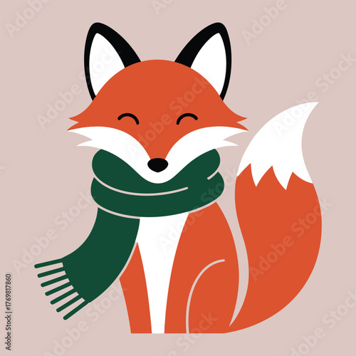 Cute Christmas Fox Vector Illustration – Adorable Winter Animal with Green Scarf, Festive Holiday Design, Cozy Seasonal Art for Christmas Greeting, Decoration, and Winter Theme