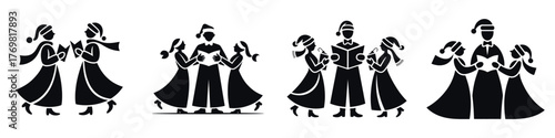 Christmas Carolers Silhouette Vector Set – Festive Choir Singing Holiday Songs in Winter Hats and Scarves, Joyful Christmas Music Illustration for Seasonal Celebration and Decoration Design