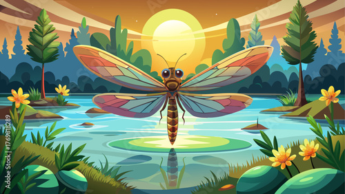 Vector of a dragonfly hovering above calm pond water, sunlight reflection, detailed wings, natural aquatic background, realistic summer atmosphere