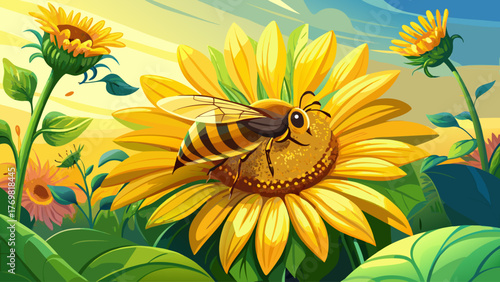 Realistic vector of a honey bee collecting nectar from yellow sunflower, bright daylight, natural background, detailed wings and body texture, soft sunlight reflections, peaceful summer atmosphere