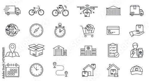 Collection of Delivery and Transportation Related Line Icons, Outline Signs for Graphic and Web Design, Apps, Adverts, Various Cards, Vector Cartoon Illustration Set. Includes trucks, bicycles