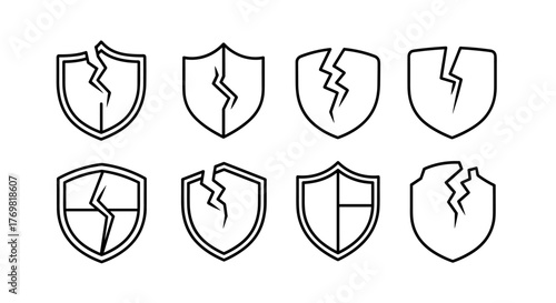 Collection of eight minimalistic linear pictograms depicting cracked shields, symbolizing vulnerability, broken security, or failed protection. These versatile vector graphics are ideal for web