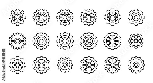 Collection of simple line icons of cogwheels and gears, isolated on a black background. These editable stroke vector graphics are perfect for use in designs, books, advertisements, apps, and as