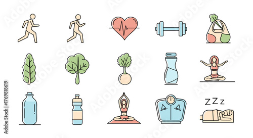 Vibrant collection of healthy lifestyle icons, including running figures, trees, a heart rate monitor, dumbbells, a shopping bag with produce, water bottles, yoga poses, a scale, and a sleeping