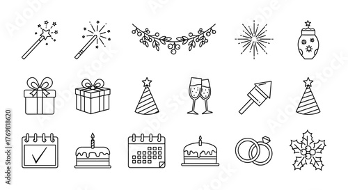 Collection of outline symbols of holidays, garlands, magic wand, and fireworks, drawn with thin lines, perfect for apps, websites, banners, infographics, and other design projects, conveying a