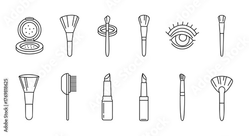 Collection of cosmetic brushes, lipsticks, and an eye symbol in a clean, white outline style on a black background, perfect for graphic design, web, apps, and advertising, offering a modern and