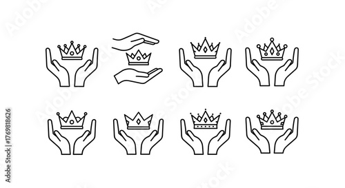 A minimalist, clean line icon representing a crown held gently between two hands, symbolizing royalty, leadership, or achievement. This versatile vector graphic is perfect for a wide range of
