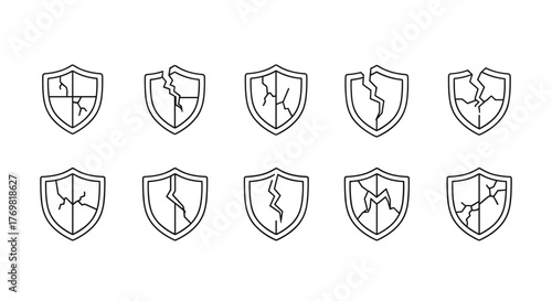 Collection of ten cracked shield linear symbols, representing broken protection, vulnerability, and damage. These versatile vector graphics are ideal for use in designs, books, adverts, apps, and