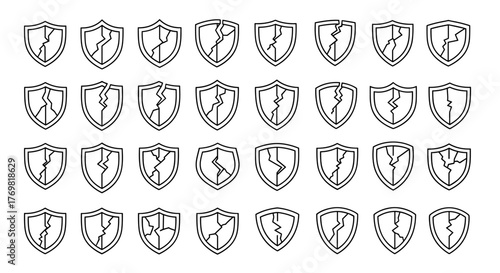 A simple, hand-drawn vector illustration of a cracked shield, depicted with thin lines on a clean white background. This graphic element is part of an ordered set, designed to be easily integrated