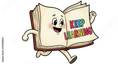 Adorable cartoon book character with a cheerful face and rosy cheeks, energetically running forward while holding an open book with the colorful text "KEEP LEARNING" displayed, symbolizing education