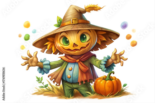 Halloween scarecrow with straw hat and pumpkin head isolated on white background representing spooky decoration