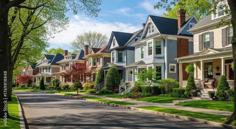 Naklejka premium Row of historic homes line a quiet suburban street on a sunny day.